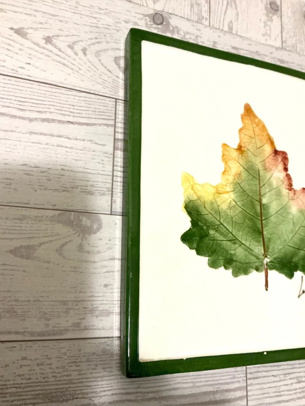 Pier 1 Ceramic Trivet with maple Leaf in Green, Cream and Brown